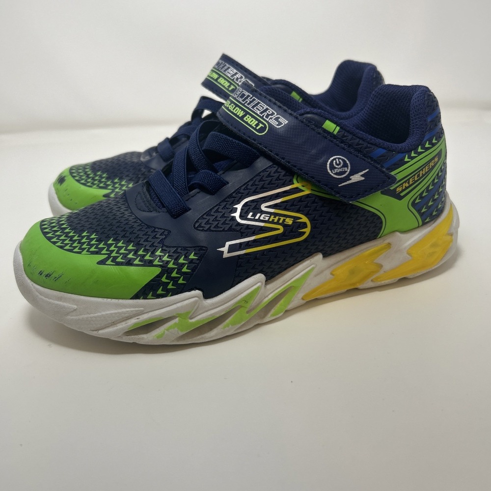 Skechers S-Lights: Boys Flex-Glow Bolt Sneakers Size 2, Navy/Green/Yellow